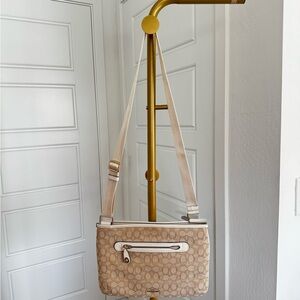 Women's Jacquard Signature Slim Crossbody Bag Leather Trim Adjustable Strap